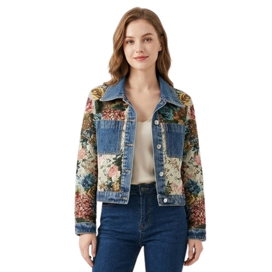 Dames Denim Jack met Bloemenpatchwork Boho-stijl