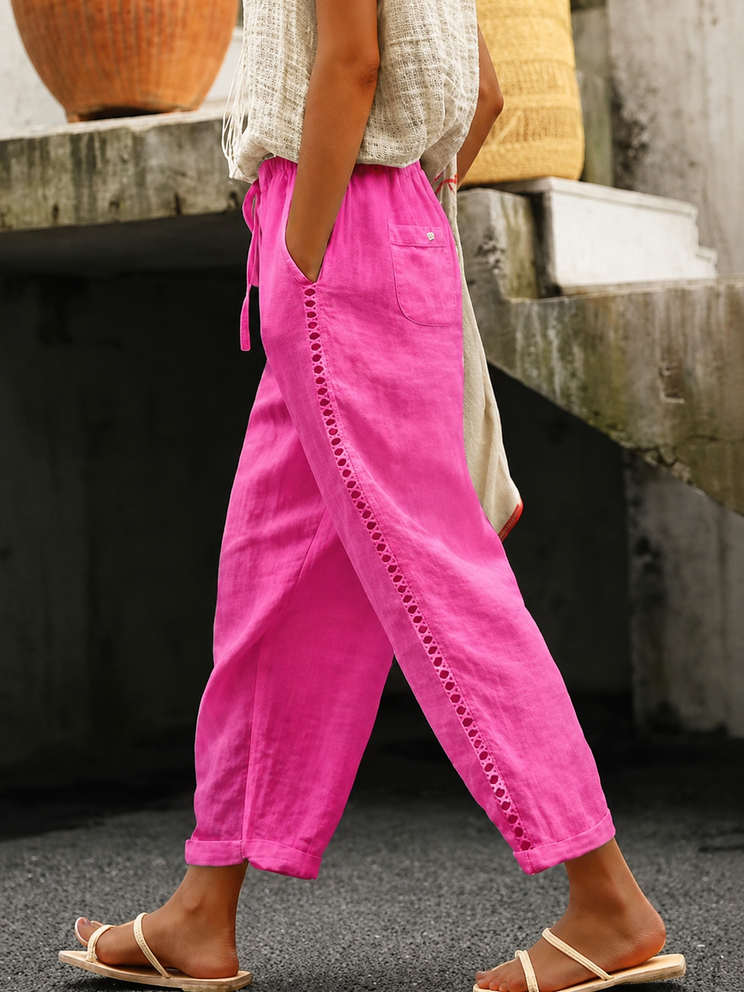 Dames Crop Broek met Elastische Taille en Zakken