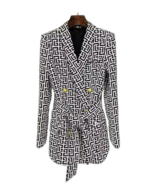 Dames Blazerjack Geometrische Print Met Riem 0