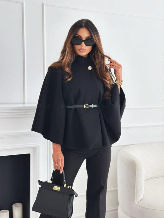 Dames Cape Coat met Hoge Hals en Ceintuur 1