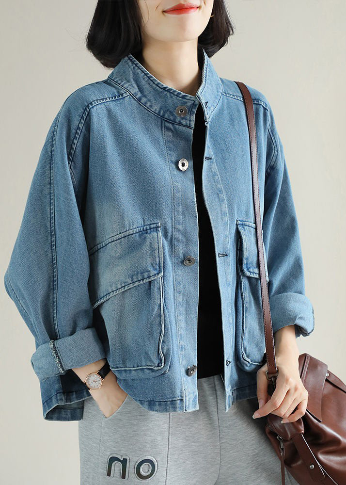 Dames Denim Jas met Opstaande Kraag en Grote Zakken 2