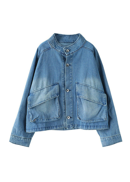 Dames Denim Jas met Opstaande Kraag en Grote Zakken 4