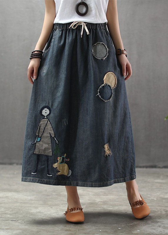 Dames Denim Rok met Elastische Taille en Geborduurde Details 1