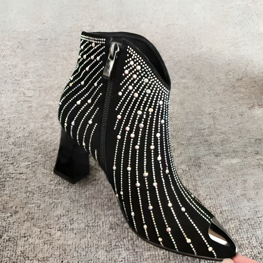 Dames Enkellaarsjes Met Hak en Rits Zwarte Kunstleer Rhinestones 3