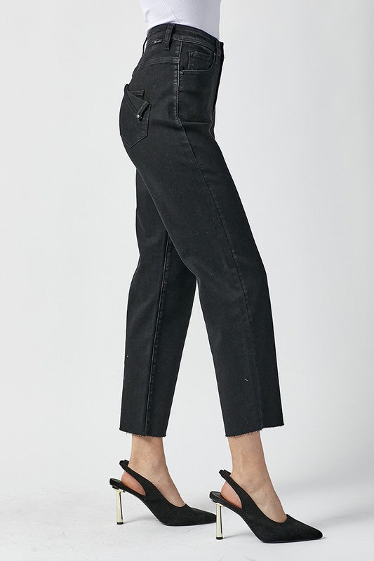 Dames Hoge Taille Mom Fit Jeans Gewassen Zwart 2