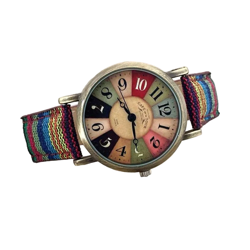 Dames Horloge Met Uniek Multicolor Regenboogpatroon En Vintage Bronzen Wijzerplaat 0