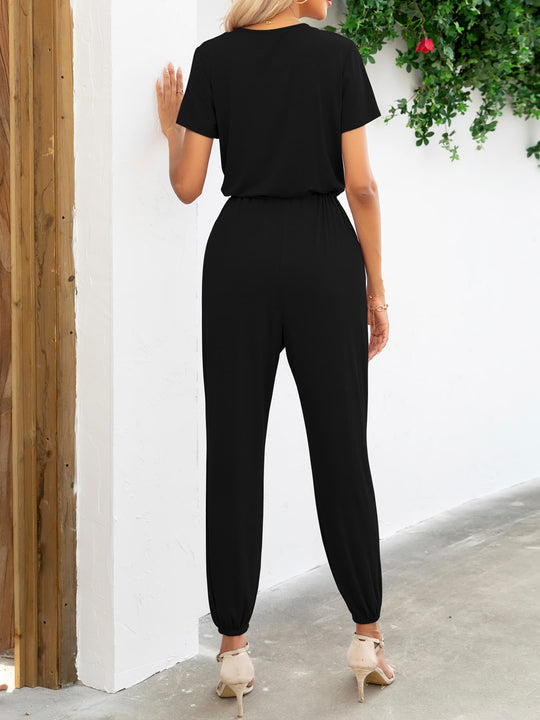 Dames Jumpsuit met Korte Mouwen V-Hals en Zakjes 5