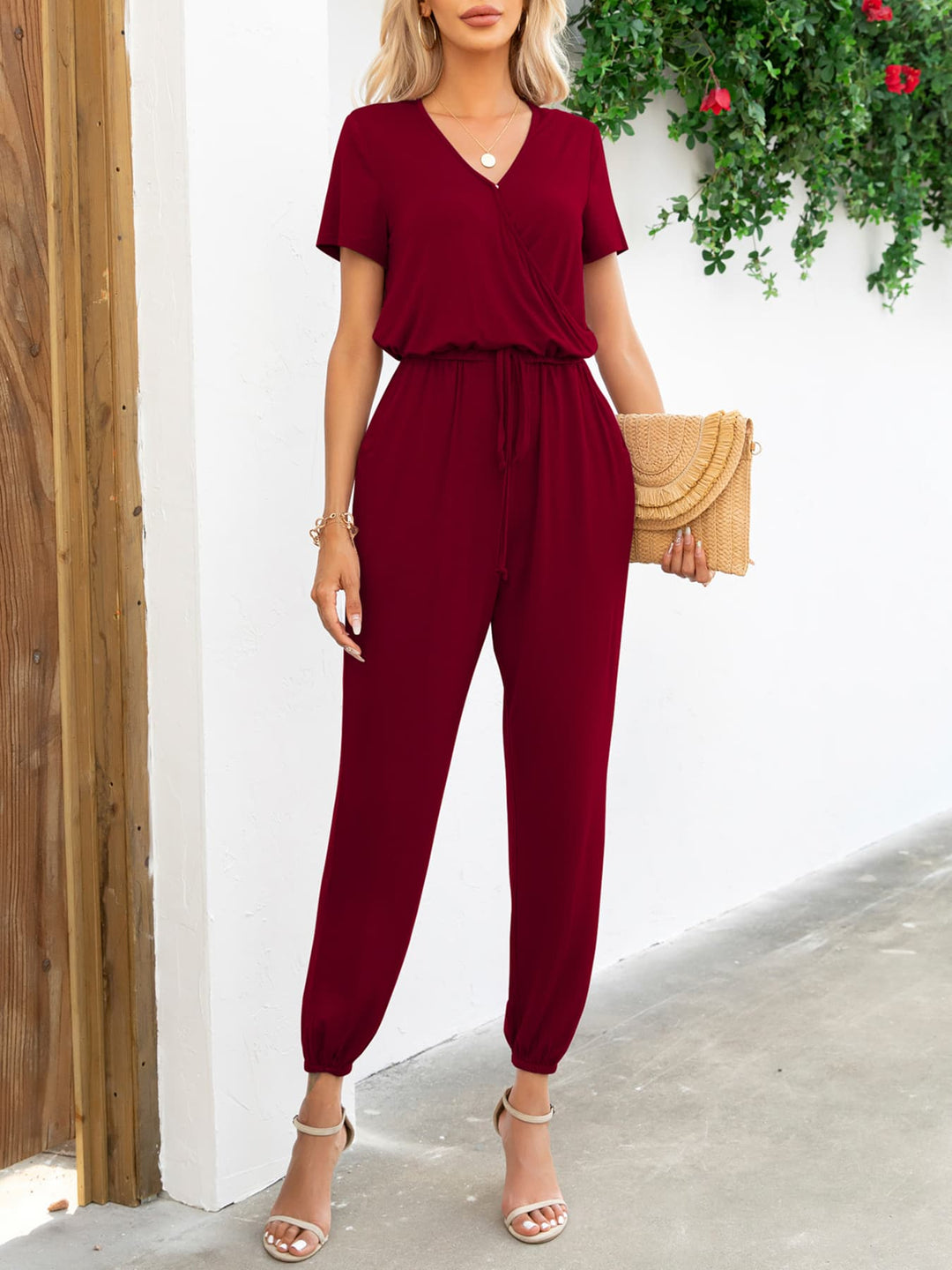 Dames Jumpsuit met Korte Mouwen V-Hals en Zakjes 9