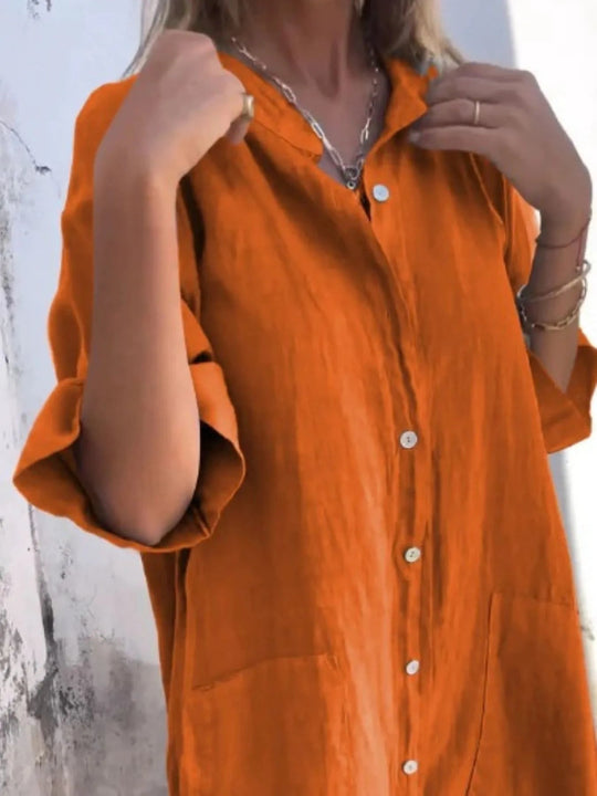 Dames Jurk Linnen Look Knopjurk Casual Met V-hals en Zakken 13