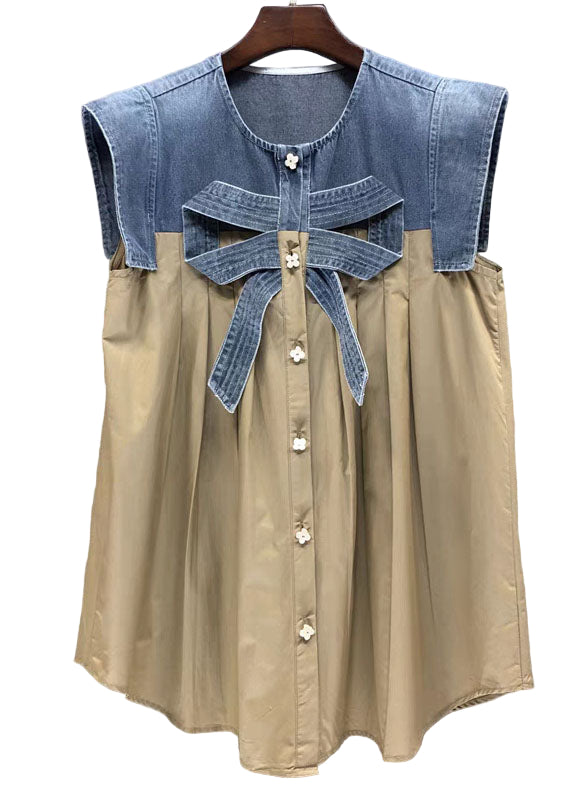 Dames Kaki Denim Top met Strik en Patchwork 0