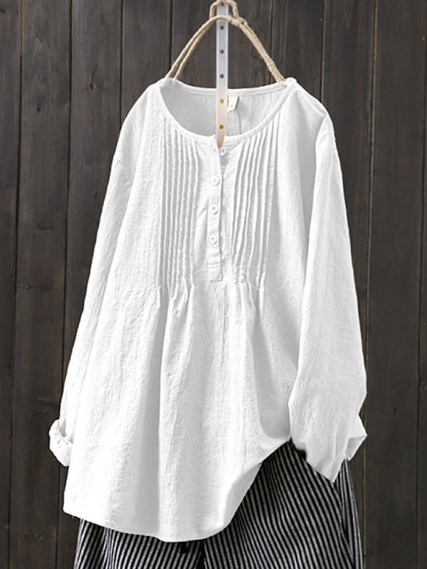 Dames Langsleeve Shirt Ronde Hals Geplooid Katoen Linnen 3