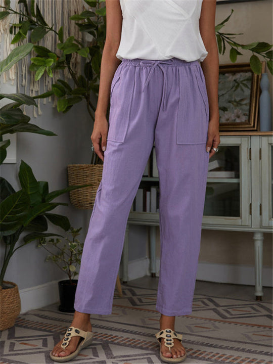 Dames Loungebroek met Elastische Taille en Zakken van Katoen en Linnen 4
