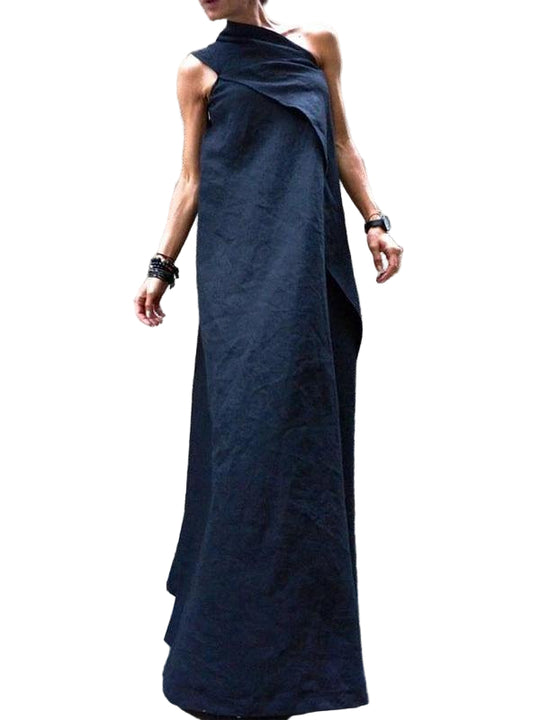 Dames Mouwloze Patchwork Jurk Marineblauw 0
