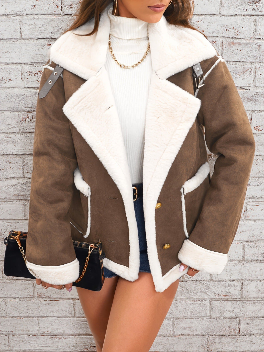Dames Oversized Faux Fur Jas met Suede Look 5