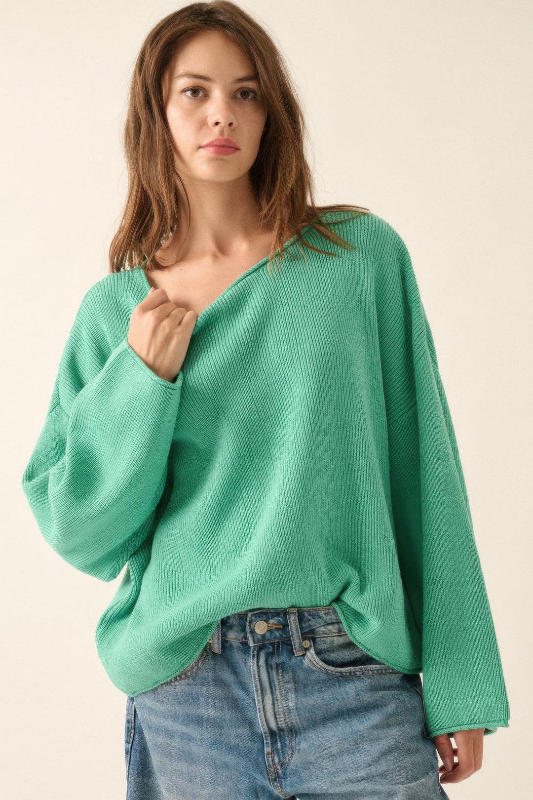 Dames Oversized Trui Ribgebreid Boothals 2