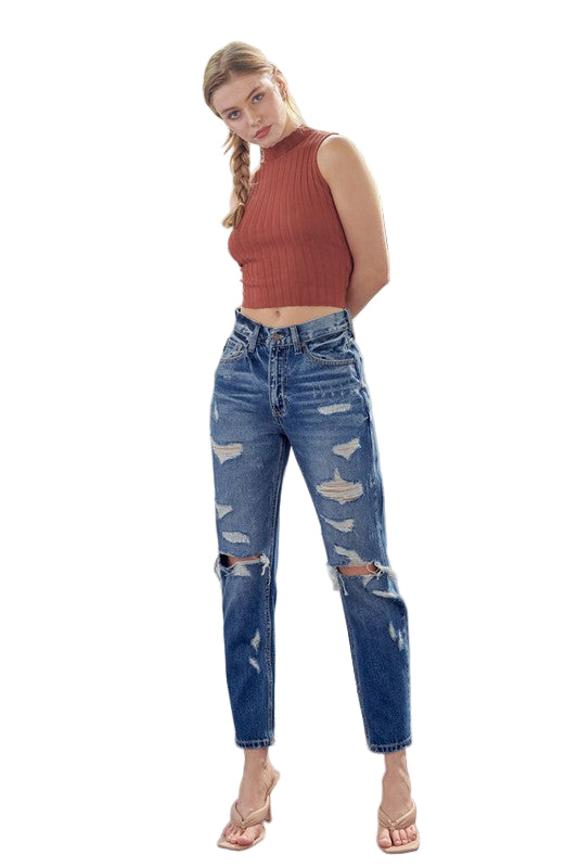 Dames Spijkerbroek Hoge Taille Mom Fit Denim 0