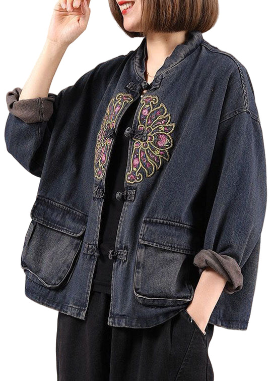 Dames Spijkerjasje Oversized met Geborduurde Zakken Boho Stil 0