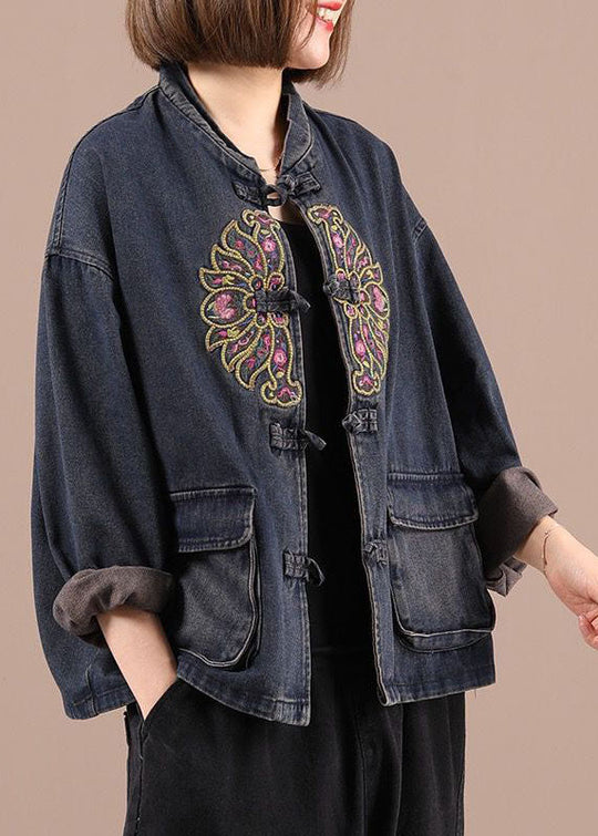 Dames Spijkerjasje Oversized met Geborduurde Zakken Boho Stil 1
