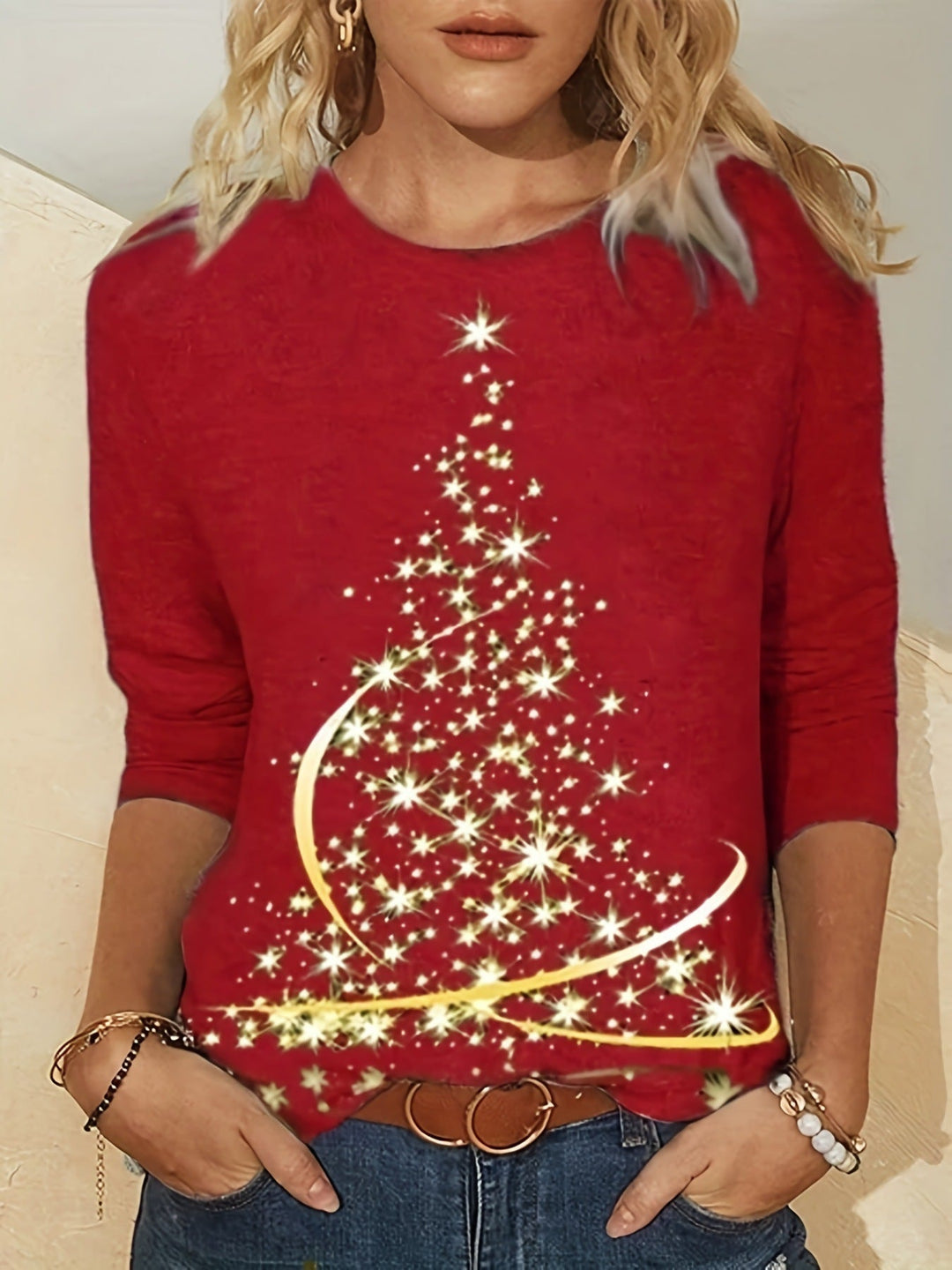 Dames T-shirt met Lange Mouwen en Kerstboommotief 7