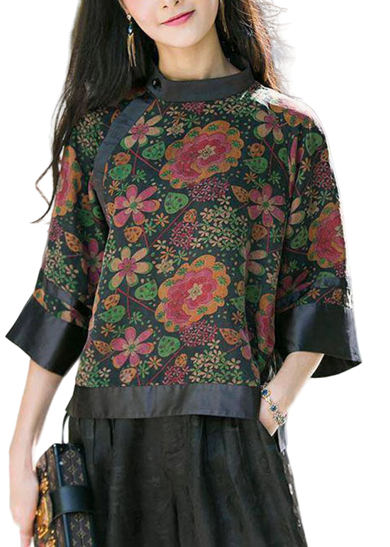 Dames Top met Opstaande Kraag en Knopenprint 0