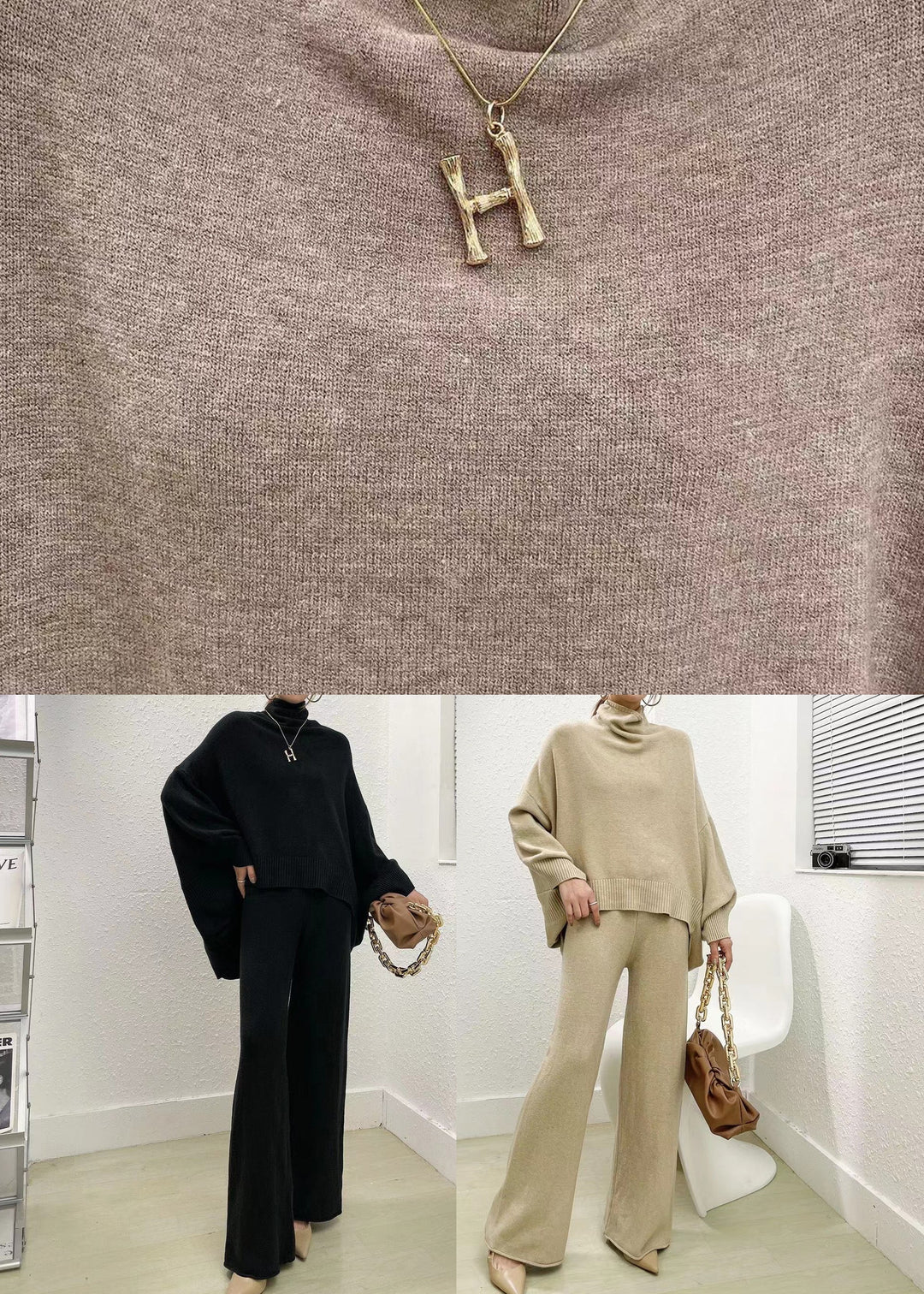 Dames Tweedelige Set Camel Kleurige Trui en Broek met Wijde Pijpen 4