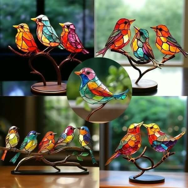 Decoratieve Sculptuur van Kleurrijke Vogels op Tak 8