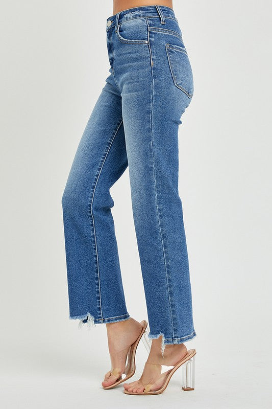 Heren Hoge Taille Rechte Jeans Donker Denim 3
