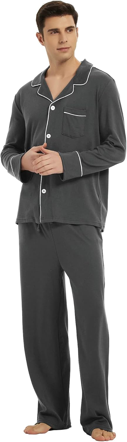 Heren Pyjama Set Lange Mouwen Klassiek Met Zijzakken 7