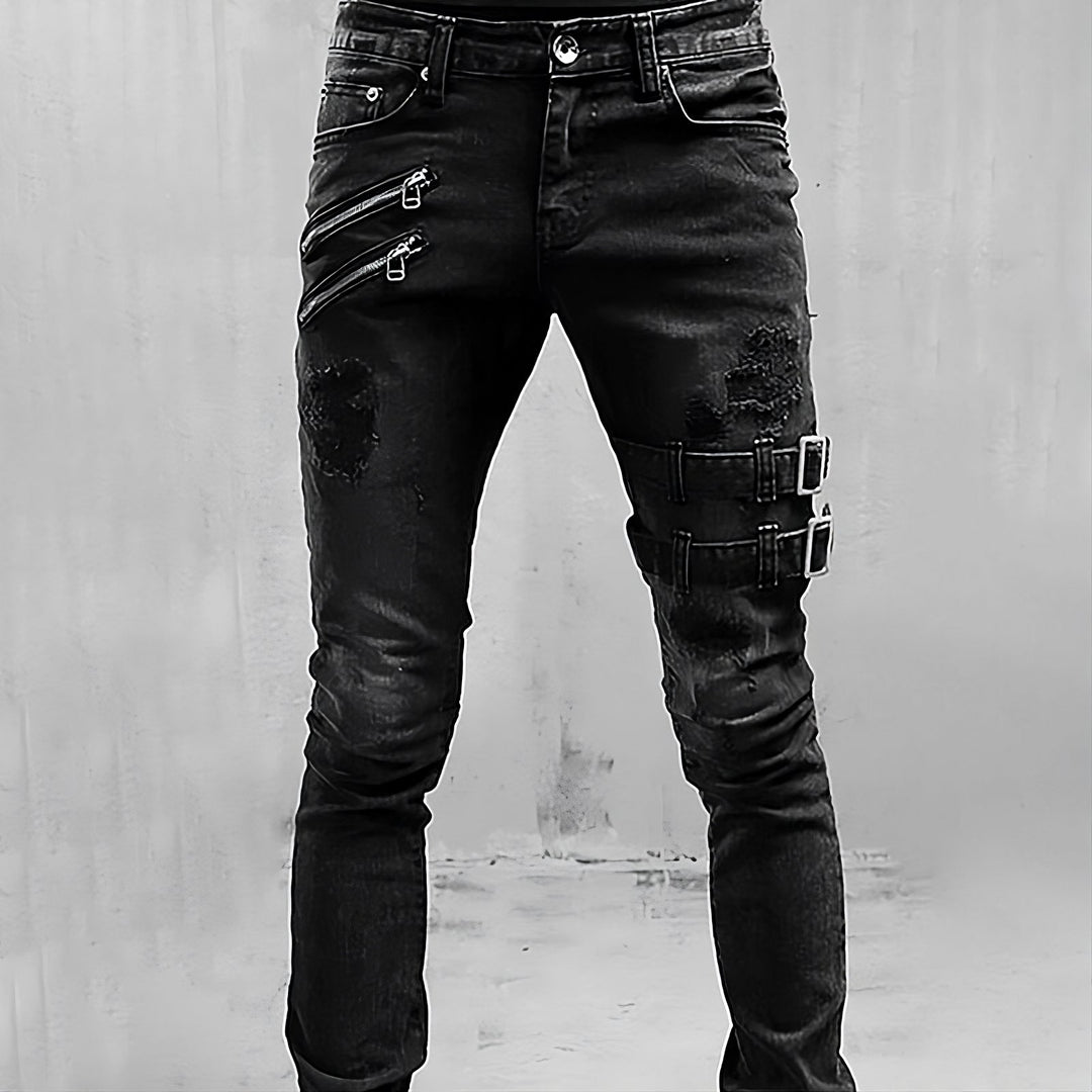 Heren Spijkerbroek Met Gespen En Ritsen - Stoere Denim Broeken 1