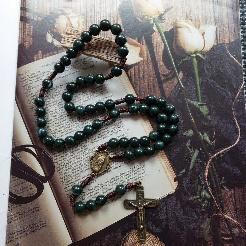 Heren en Dames Rozenkrans Ketting met Medaille en Mosagaat Design 2