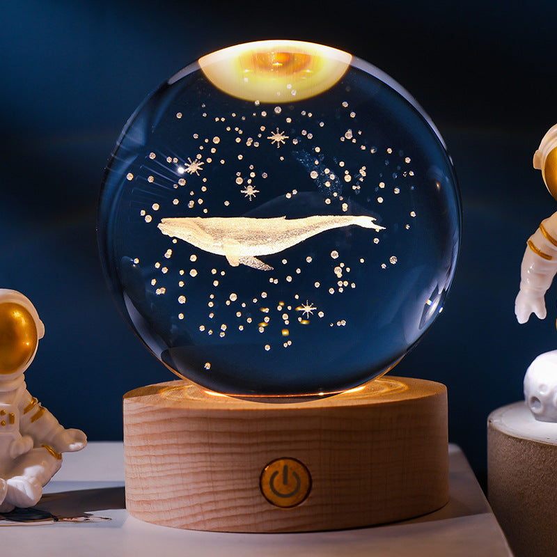 Lichtgevende Maan Kristallen Bol met Houten Basis 0