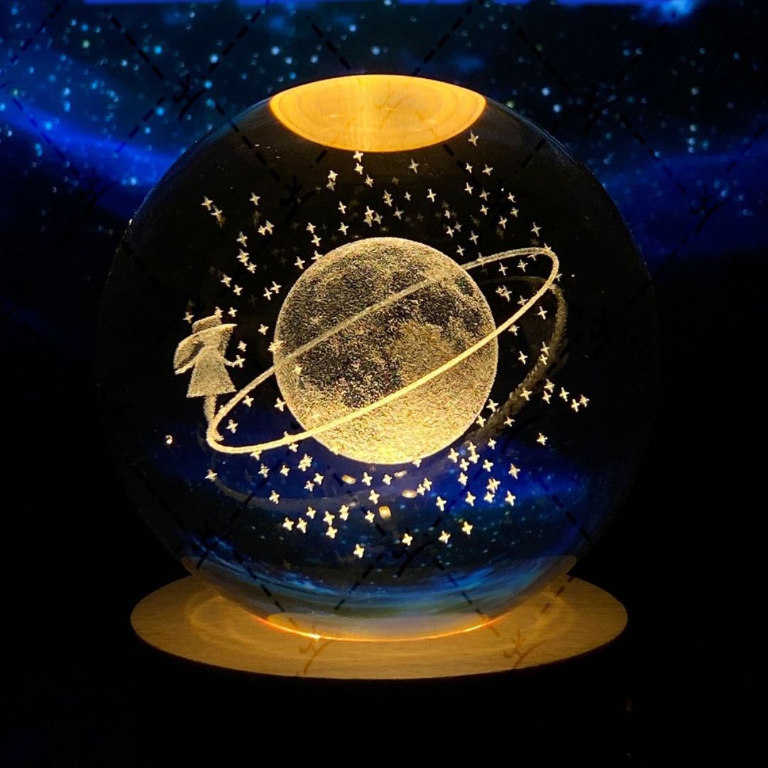 Lichtgevende Maan Kristallen Bol met Houten Basis 23