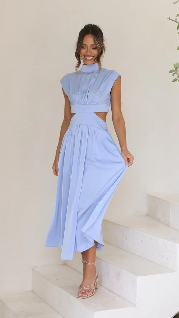 Dames Maxi Jurk met Mock Hals en Vloeiende Stof voor Zomerstijl