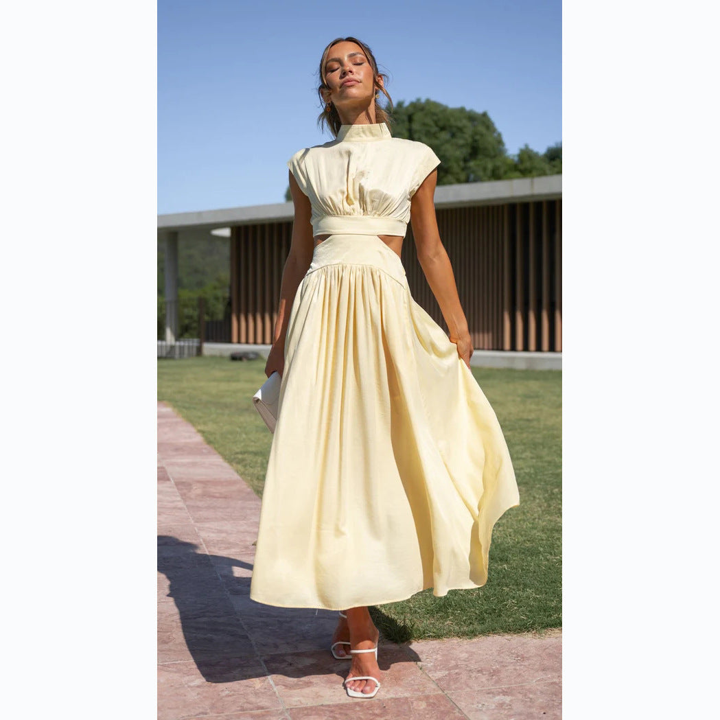 Dames Maxi Jurk met Mock Hals en Vloeiende Stof voor Zomerstijl