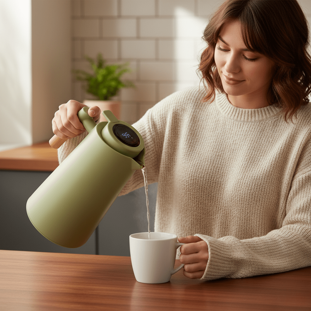 Thermosfles 1 Liter met Temperatuurdisplay en Houten Handvat, Beste Thermosfles voor Warme en Koude Dranken 2
