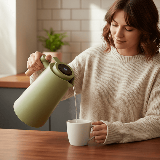 Thermosfles 1 Liter met Temperatuurdisplay en Houten Handvat, Beste Thermosfles voor Warme en Koude Dranken 2