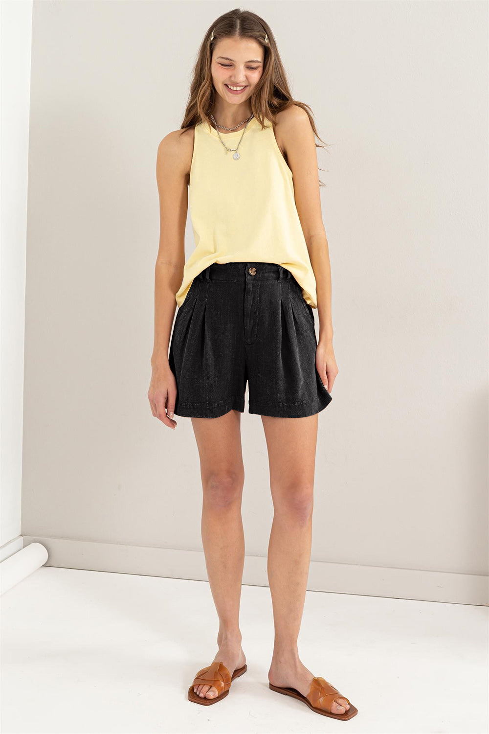 Vrouwen Hoge Taille Plissé Linnen Shorts 3