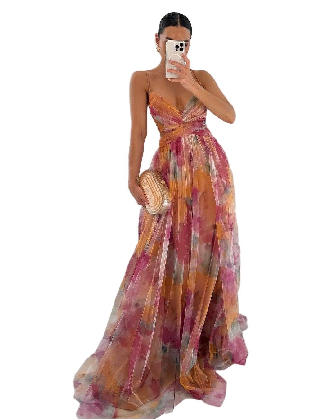 Vrouwen Maxi Jurk Waterverfprint met Kruisband 0