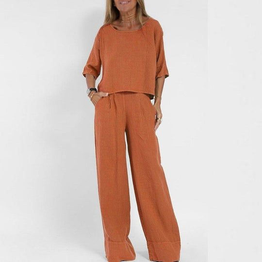 Vrouwen Twee-Piece Set Linnenmix Ontspannen Pasvorm Korte Mouwen Top & Wijde Broek 4