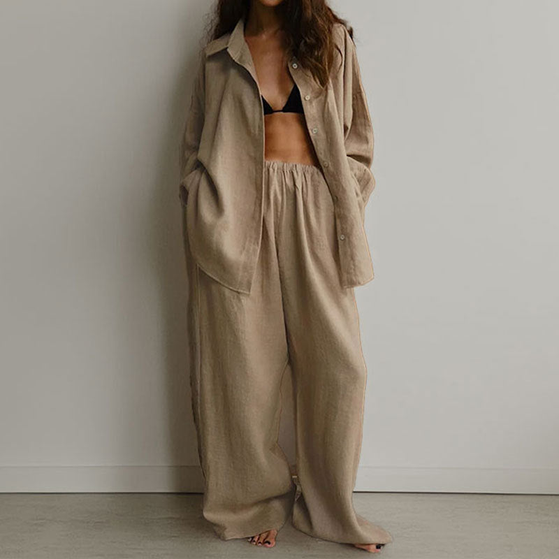 Vrouwen Twee-Piece Set Oversized Linnenmix Met Button-Down Shirt En Wijde Broek 1