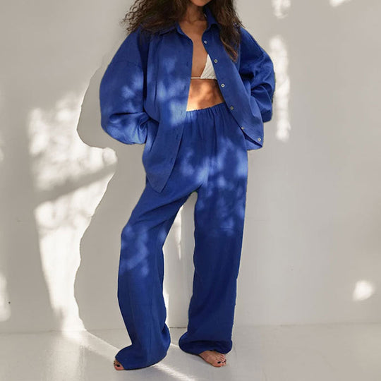 Vrouwen Twee-Piece Set Oversized Linnenmix Met Button-Down Shirt En Wijde Broek 5