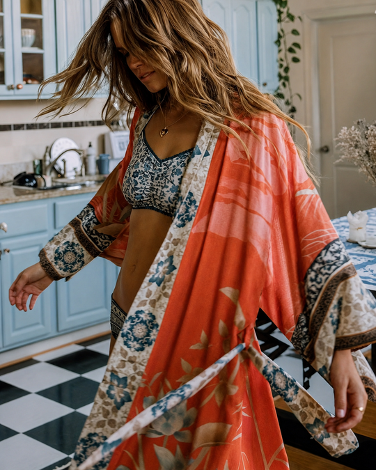 Dames Lange Kimono Bloemenprint Vloeiende Stijl