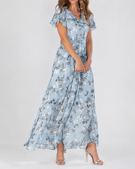 Dames Maxi Jurk Bloemenprint V-hals Korte Mouwen Lichtgewicht Zomerjurk