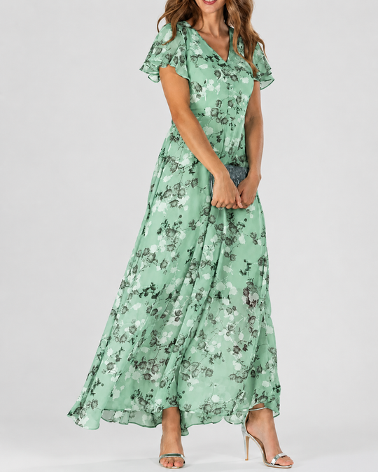 Dames Maxi Jurk Bloemenprint V-hals Korte Mouwen Lichtgewicht Zomerjurk