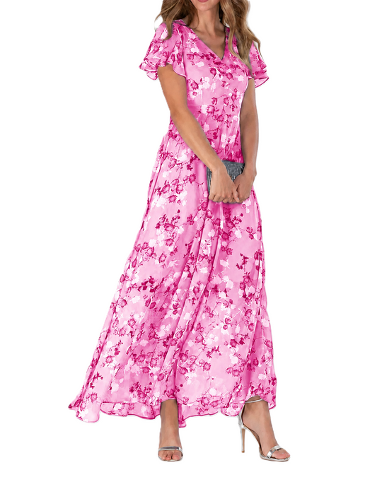 Dames Maxi Jurk Bloemenprint V-hals Korte Mouwen Lichtgewicht Zomerjurk