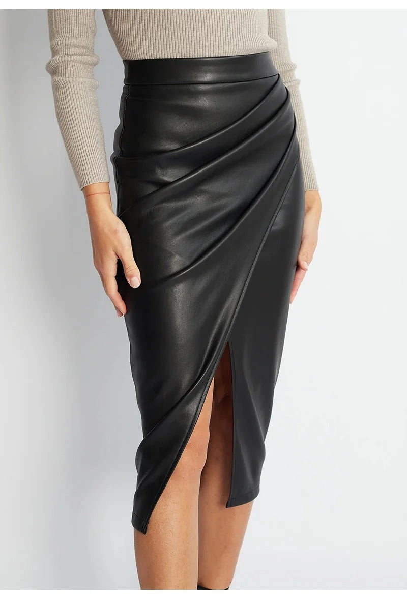 Midi-rok in imitatieleer voor dames