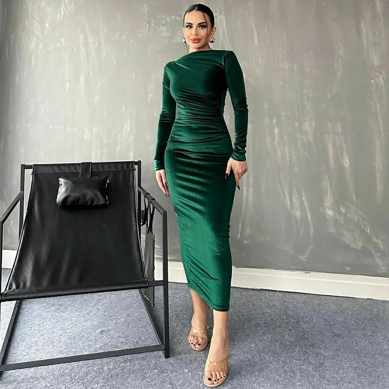 Dames fluwelen midi-jurk met lange mouwen
