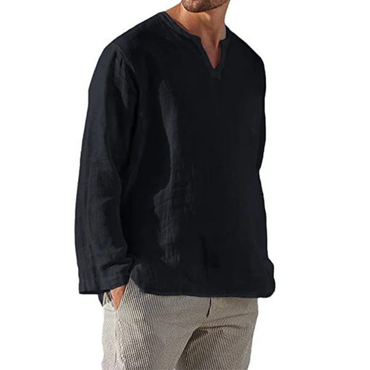 Heren katoenen linnen shirt met V-hals