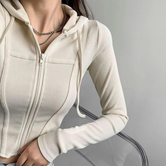 Dames Zip Up Crop Fitted Hoodie