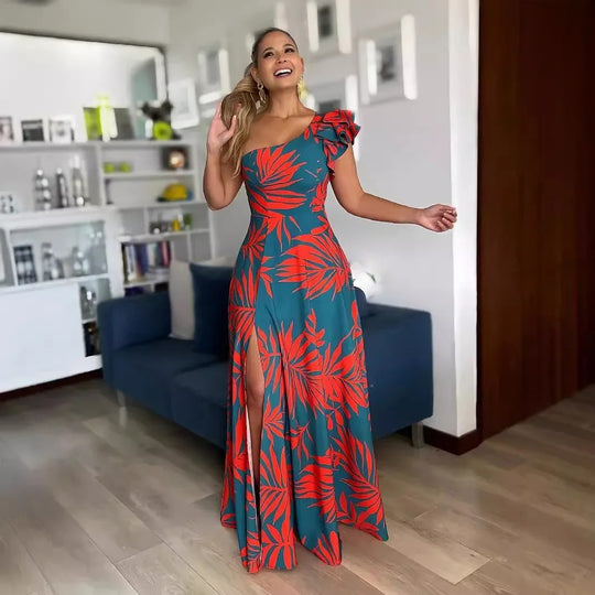 Maxi-jurk met één schouder en tropische print